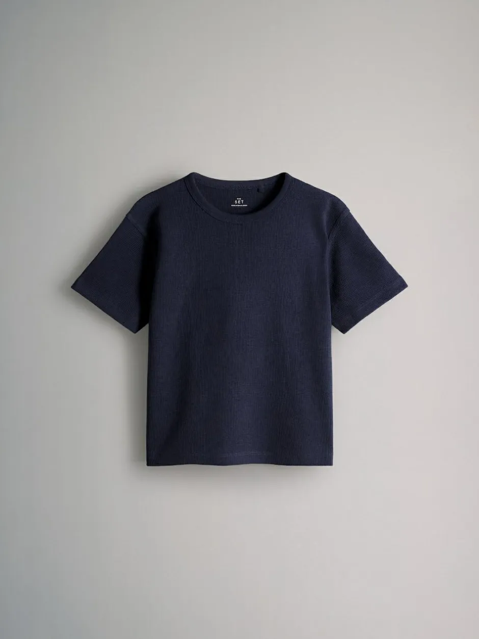 The Set 4 Pack Short Sleeve Waffle T-Shirts Navy Blue/Grey Marl/Blue New