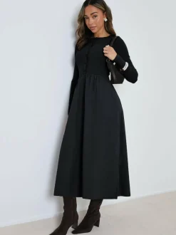 Threadbare 2-in-1 Jersey Poplin Mix Button Down Dress Black