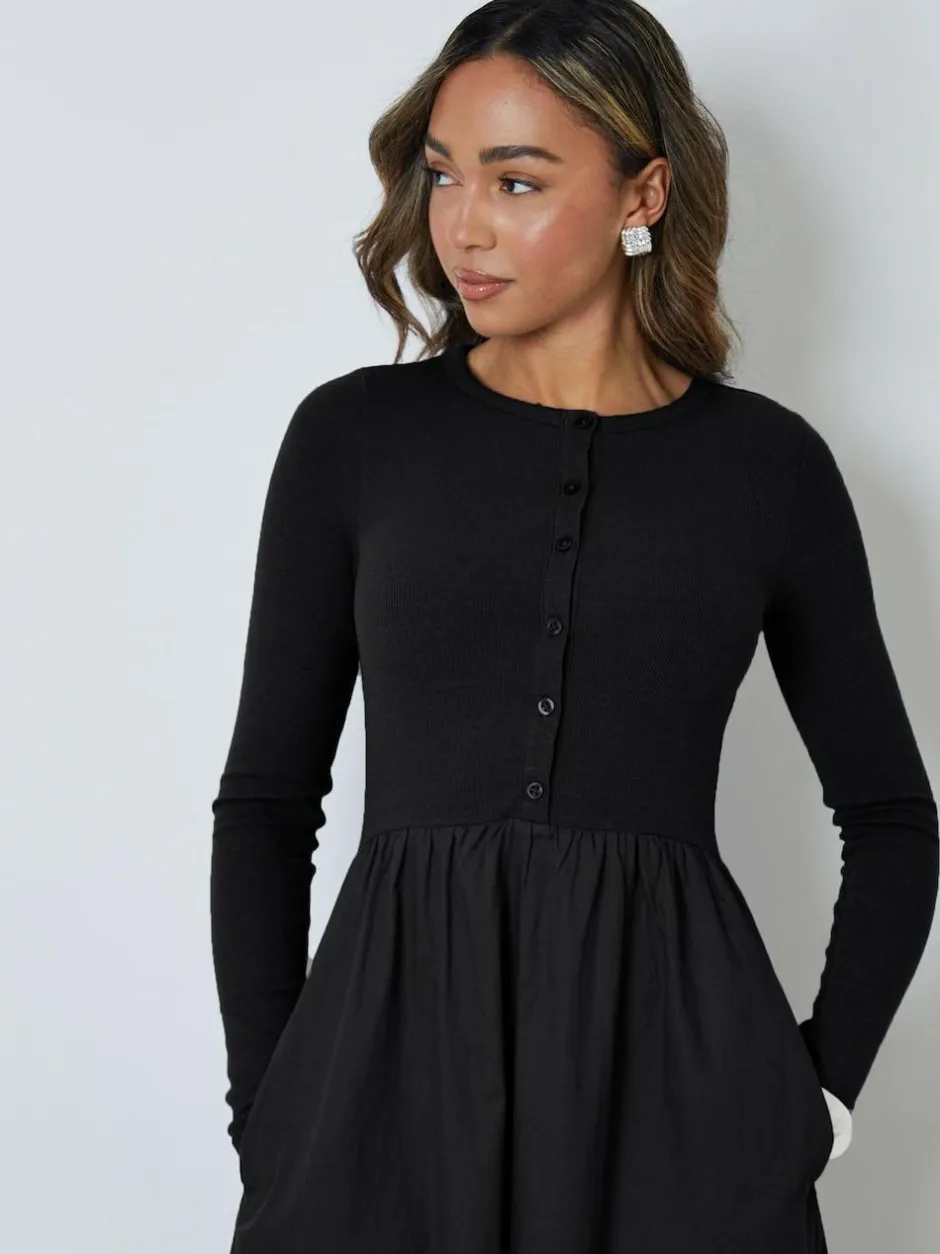 Threadbare 2-in-1 Jersey Poplin Mix Button Down Dress Black