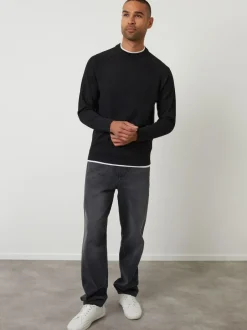 Threadbare Mock T-Shirt Textured Knit Crew Neck Jumper Black Hot