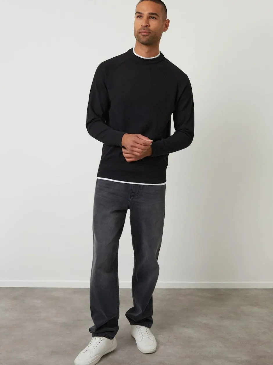 Threadbare Mock T-Shirt Textured Knit Crew Neck Jumper Black Hot