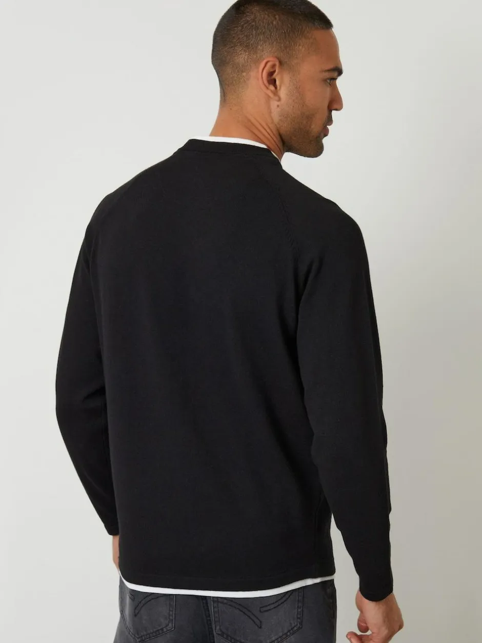 Threadbare Mock T-Shirt Textured Knit Crew Neck Jumper Black Hot