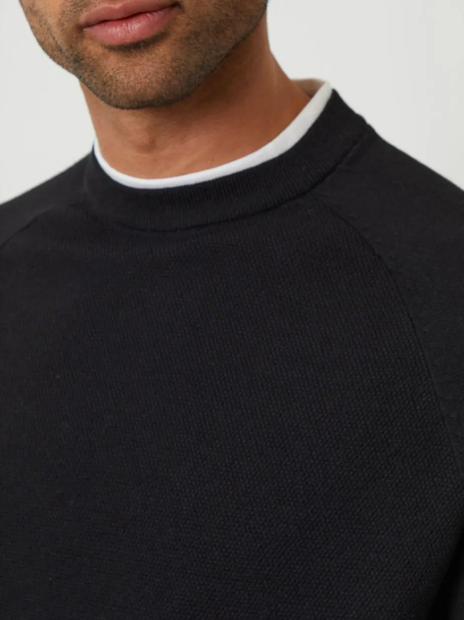 Threadbare Mock T-Shirt Textured Knit Crew Neck Jumper Black Hot