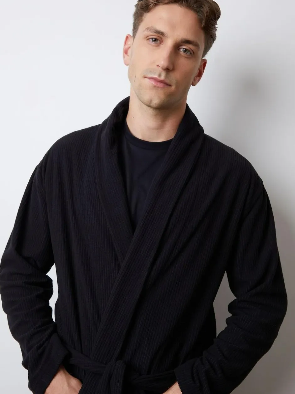Threadbare Waffle Fleece Dressing Gown Black