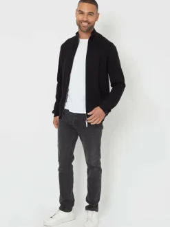Threadbare Black Zip-Through Funnel Neck Knitted Cardigan