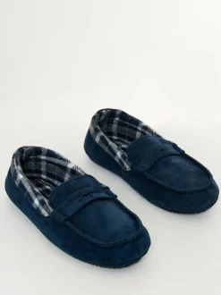 Threadbare Faux Suede Fabric Trim Moccasin Slippers Blue Discount