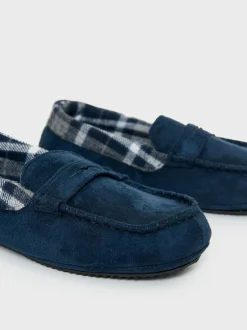 Threadbare Faux Suede Fabric Trim Moccasin Slippers Blue Discount