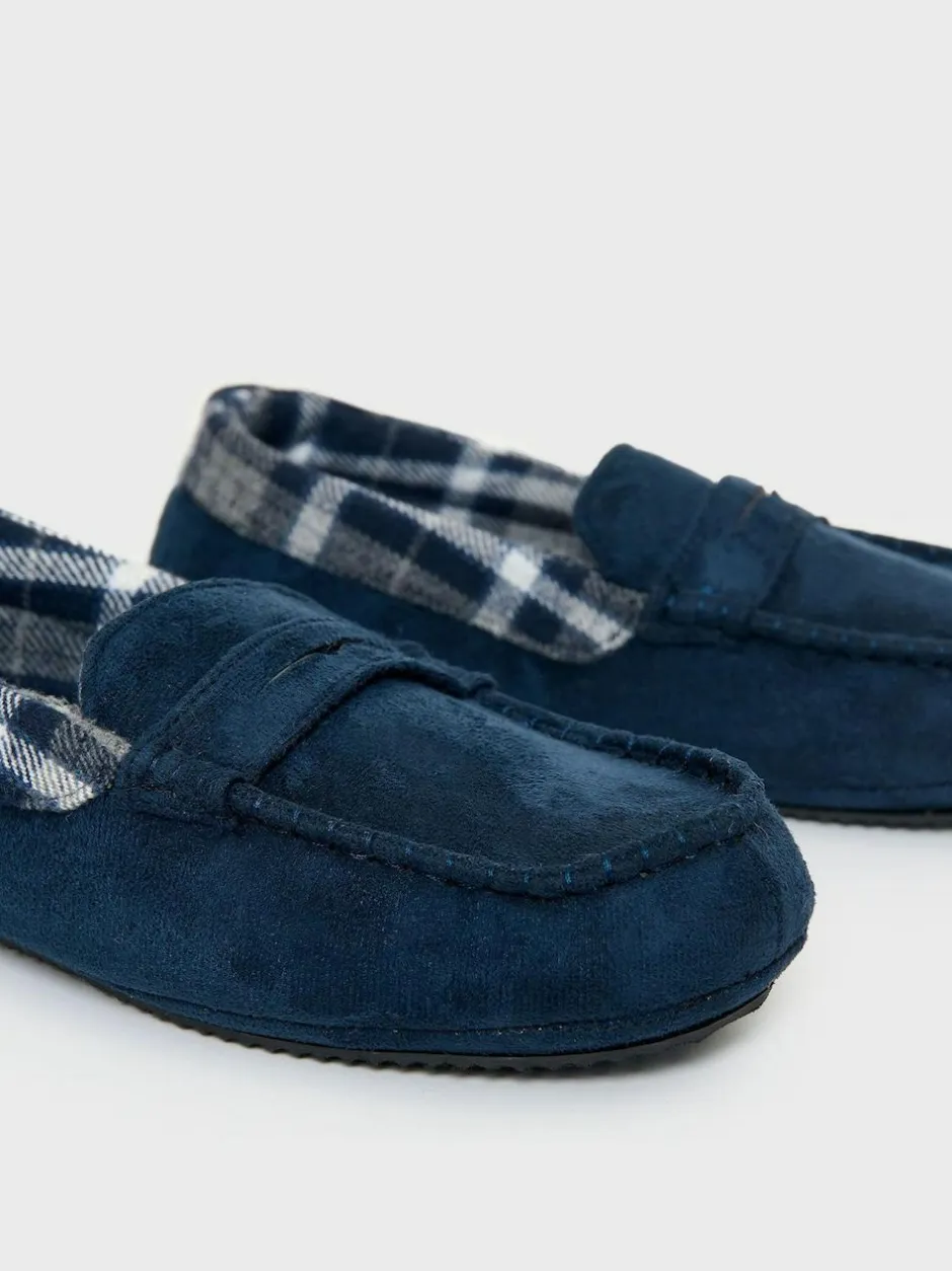 Threadbare Faux Suede Fabric Trim Moccasin Slippers Blue Discount