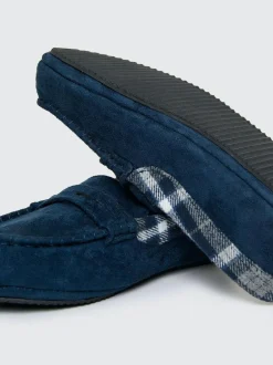 Threadbare Faux Suede Fabric Trim Moccasin Slippers Blue Discount