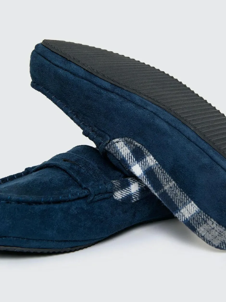 Threadbare Faux Suede Fabric Trim Moccasin Slippers Blue Discount