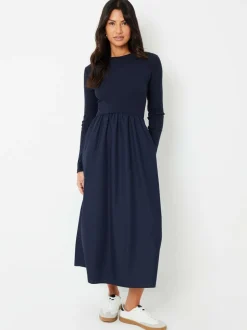 Threadbare Blue Rib Jersey 2-In-1 Midi Dress with Poplin Skirt Discount