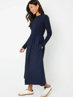 Threadbare Blue Rib Jersey 2-In-1 Midi Dress with Poplin Skirt Discount