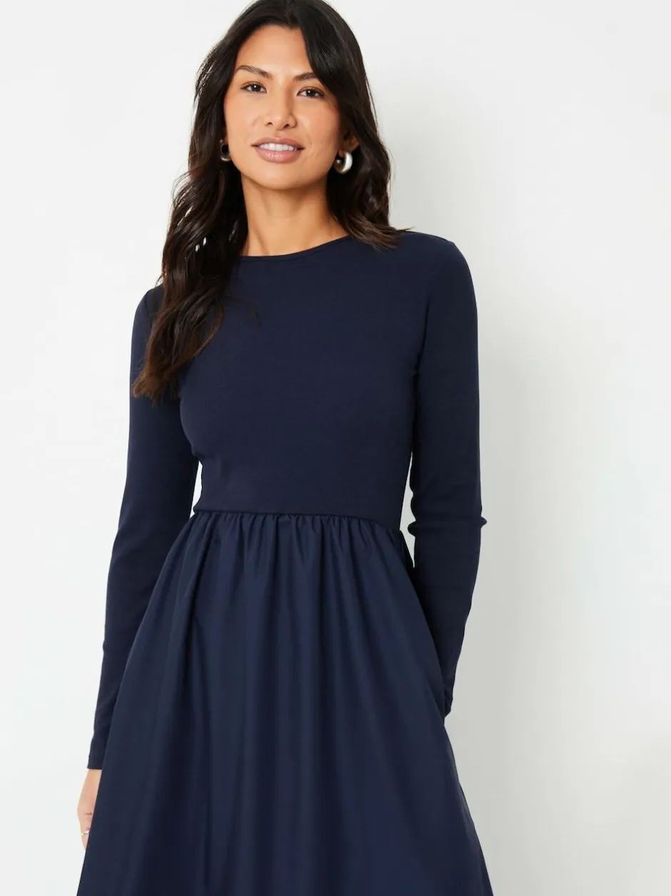 Threadbare Blue Rib Jersey 2-In-1 Midi Dress with Poplin Skirt Discount