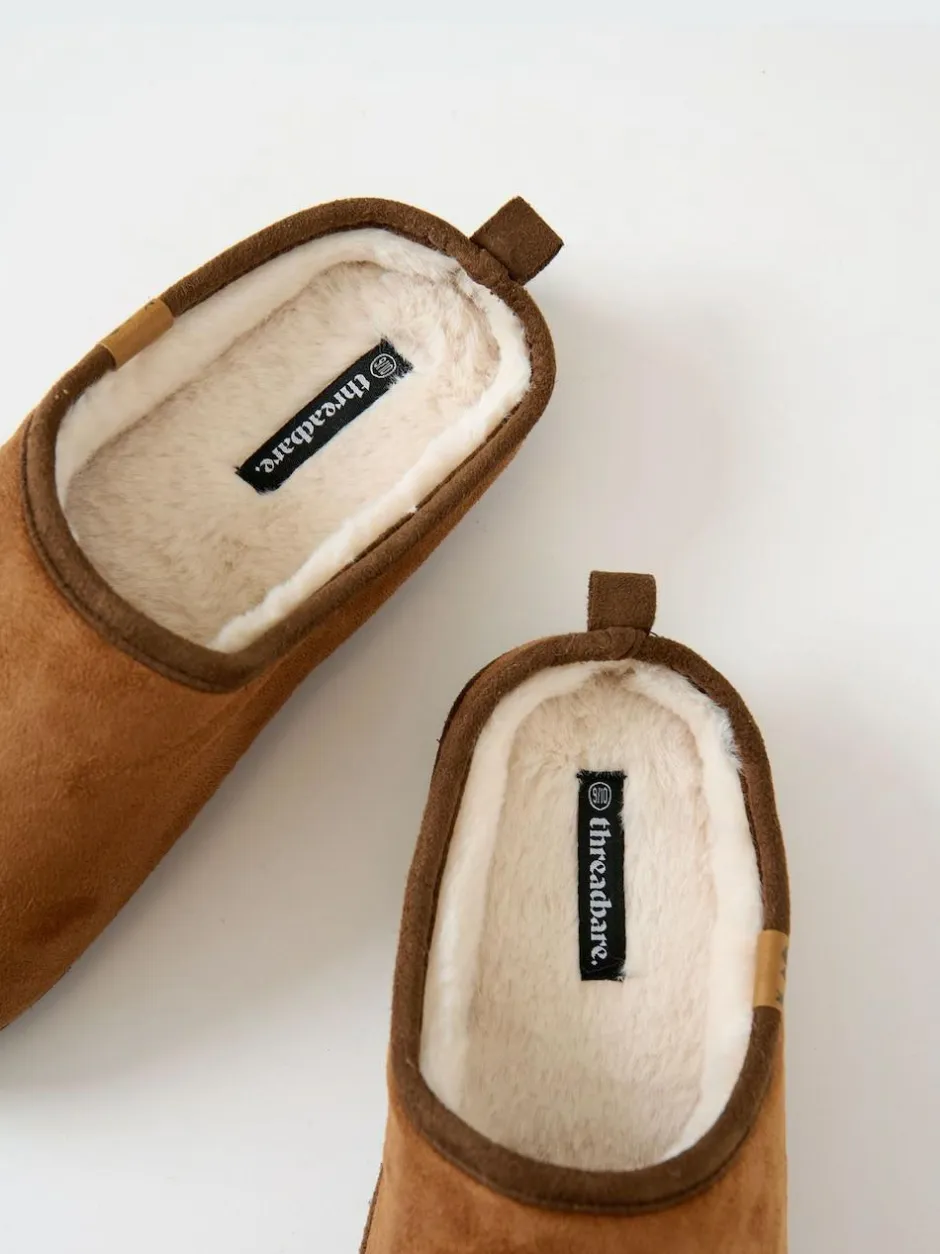 Threadbare Faux Suede Faux Fur Lined Mule Slippers Brown Best