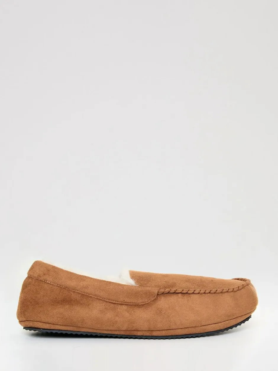 Threadbare Faux Suede Faux Fur Lined Moccasin Slippers Brown Discount