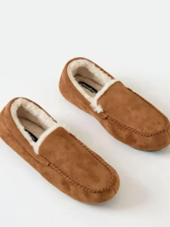 Threadbare Faux Suede Faux Fur Lined Moccasin Slippers Brown Discount