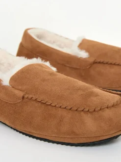 Threadbare Faux Suede Faux Fur Lined Moccasin Slippers Brown Discount
