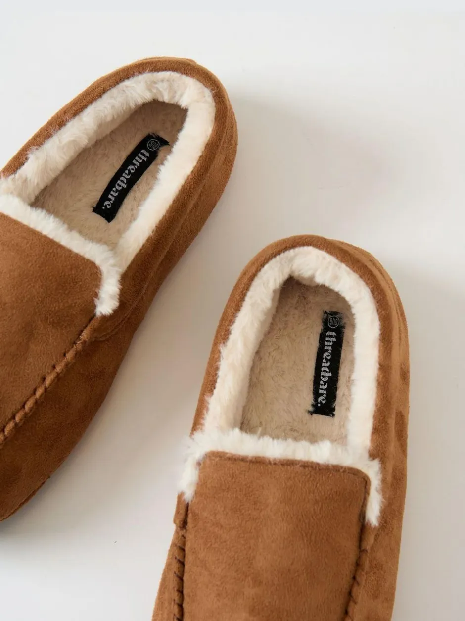 Threadbare Faux Suede Faux Fur Lined Moccasin Slippers Brown Discount