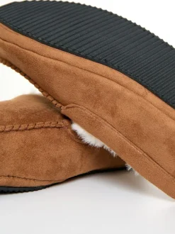 Threadbare Faux Suede Faux Fur Lined Moccasin Slippers Brown Discount
