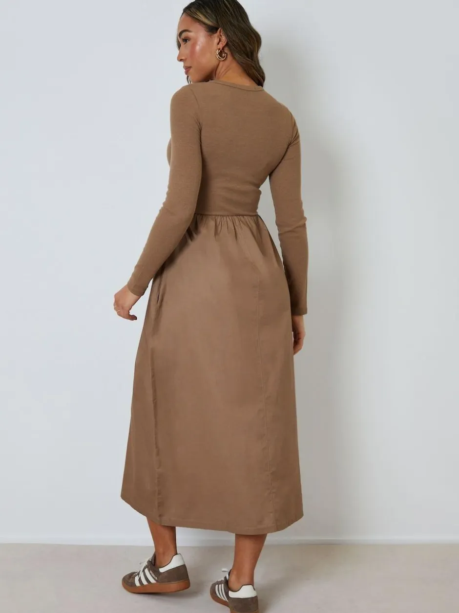 Threadbare 2-in-1 Jersey Poplin Mix Button Down Dress Brown Sale