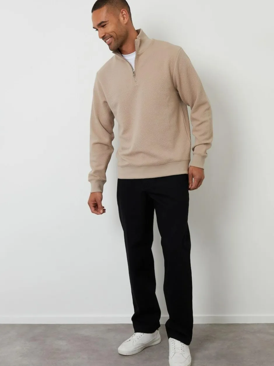 Threadbare Textured Quarter Zip Sweatshirt Brown Hot