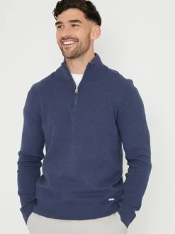 Threadbare Denim Blue Cotton Blend Knitted Quarter Zip Jumper Discount