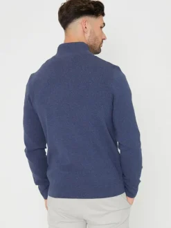 Threadbare Denim Blue Cotton Blend Knitted Quarter Zip Jumper Discount