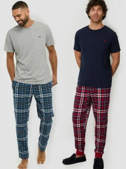 Threadbare Grey Short Sleeve T-Shirt & Check Trousers Pyjamas Set 2 Pack Outlet