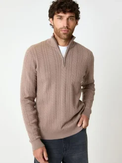 Threadbare Cable Knit Quarter Zip Jumper Light Brown Outlet