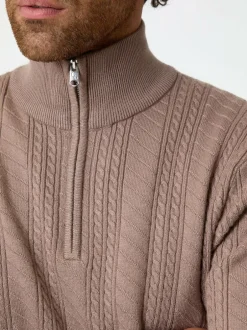 Threadbare Cable Knit Quarter Zip Jumper Light Brown Outlet