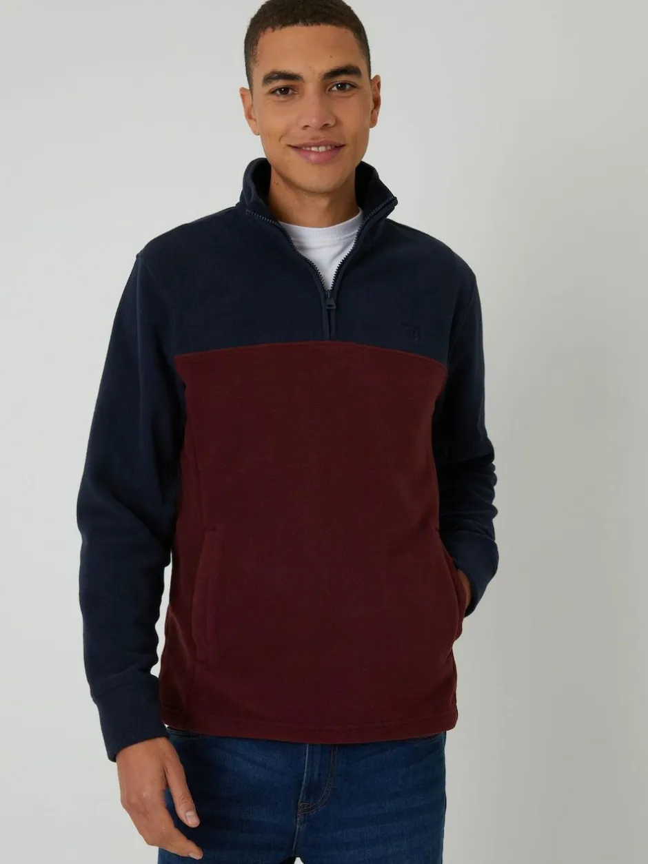 Threadbare Navy / Burgundy Two Tone Quarter Zip Fleece Sweatshirt New