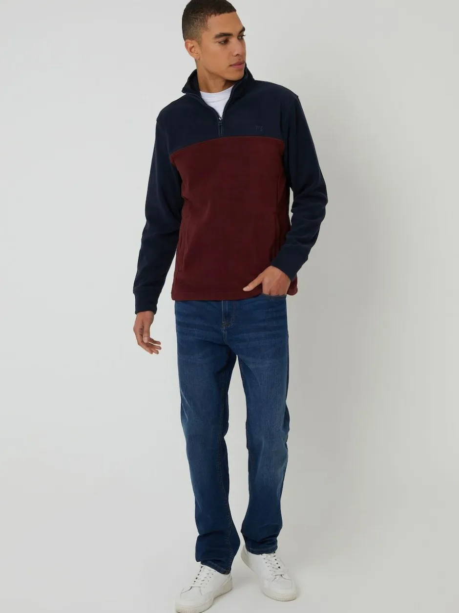 Threadbare Navy / Burgundy Two Tone Quarter Zip Fleece Sweatshirt New