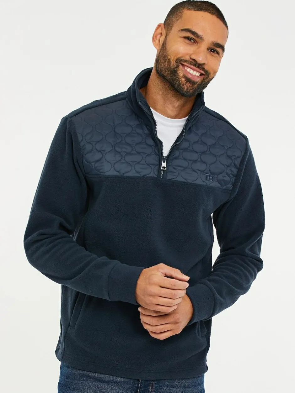 Threadbare Quarter Zip Quilted Fleece Sweatshirt Navy Blue New