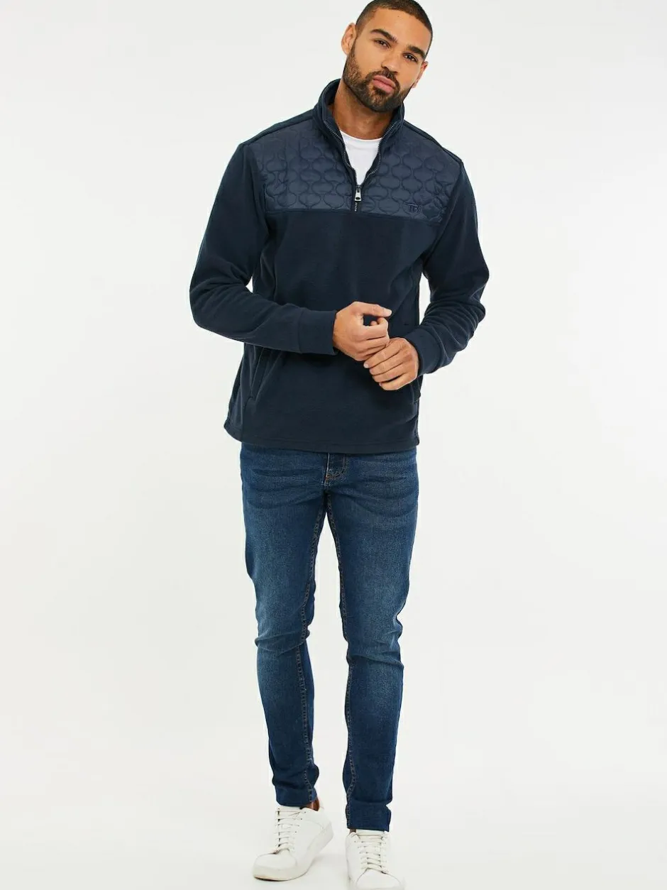 Threadbare Quarter Zip Quilted Fleece Sweatshirt Navy Blue New