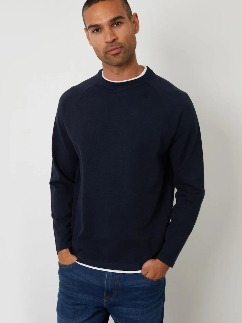Threadbare Mock T-Shirt Textured Knit Crew Neck Jumper Navy Discount