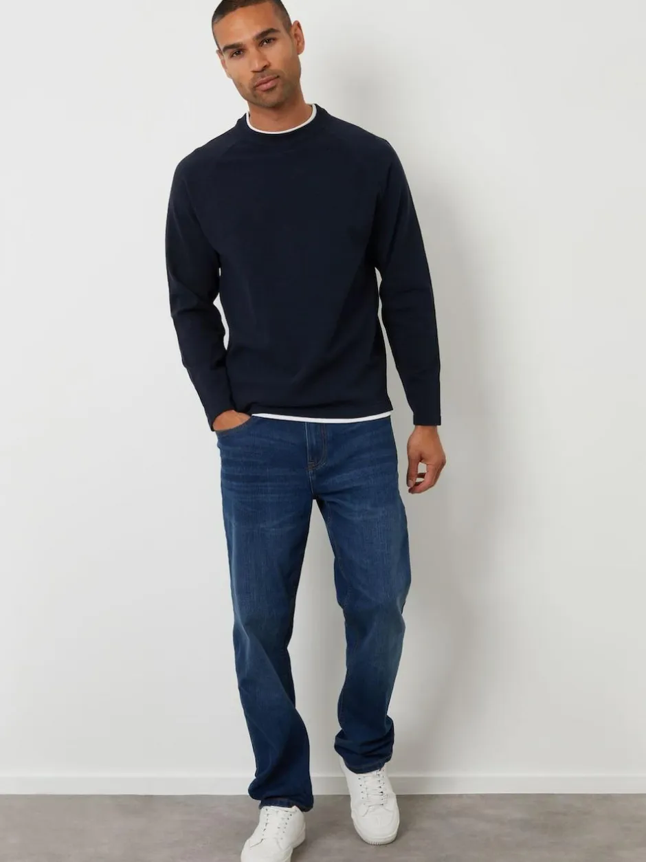 Threadbare Mock T-Shirt Textured Knit Crew Neck Jumper Navy Discount