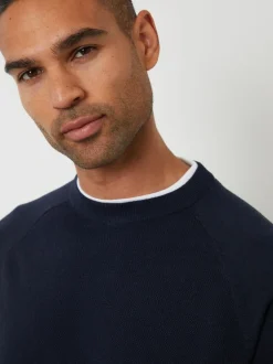 Threadbare Mock T-Shirt Textured Knit Crew Neck Jumper Navy Discount
