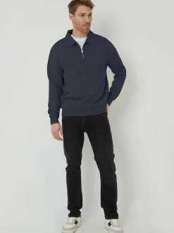 Threadbare Quarter Zip Collared Sweatshirt Navy New