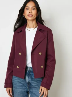 Threadbare Double Breasted Cropped Trench Jacket Red New