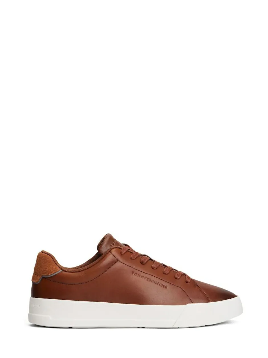 Tommy Hilfiger Brown Leather Debossed Logo Court Trainers Online