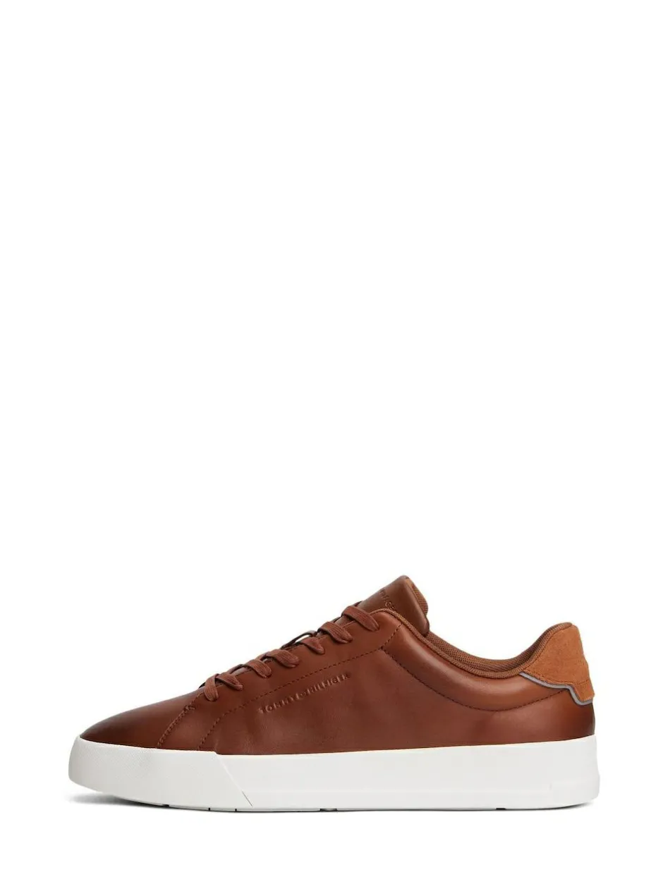 Tommy Hilfiger Brown Leather Debossed Logo Court Trainers Online