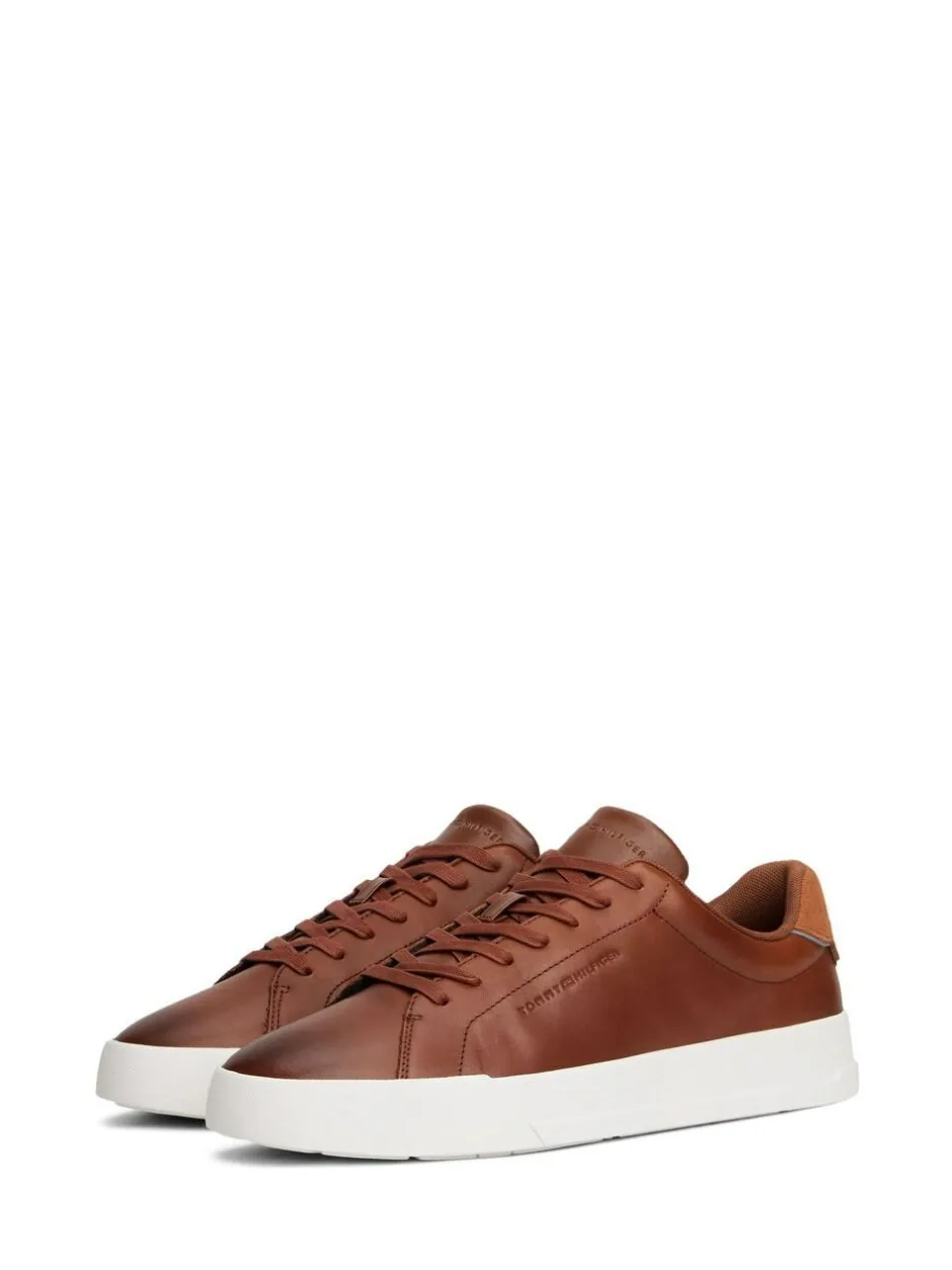 Tommy Hilfiger Brown Leather Debossed Logo Court Trainers Online