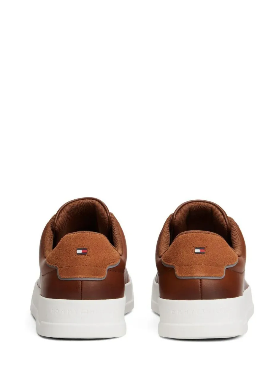 Tommy Hilfiger Brown Leather Debossed Logo Court Trainers Online