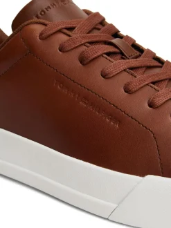 Tommy Hilfiger Brown Leather Debossed Logo Court Trainers Online