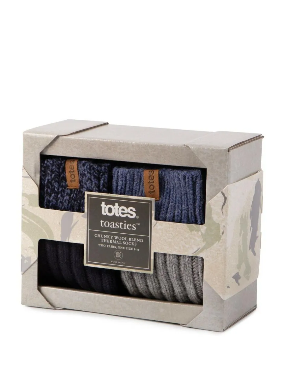 Totes Blue Mens Chunky Twist Wool Blend Winter Boot Socks 2 Pack Best