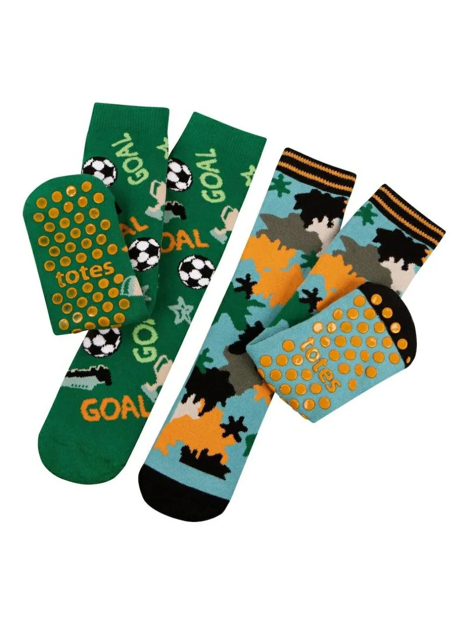 Totes Green Tosties Kids Original Slipper Socks Two Pack New