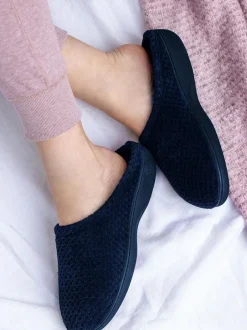Totes Navy Isotoner Popcorn Terry Mules Slippers Clearance