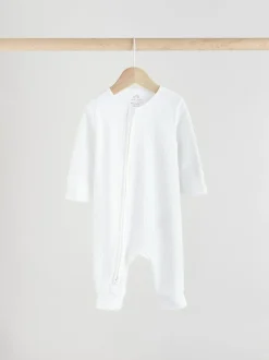 Next White 100% Cotton Two Way Zip Baby Footless Sleepsuits 3 Pack (0mths-2yrs) Online