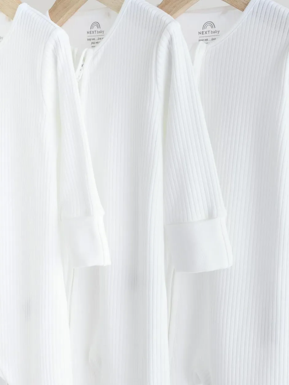 Next White 100% Cotton Two Way Zip Baby Footless Sleepsuits 3 Pack (0mths-2yrs) Online