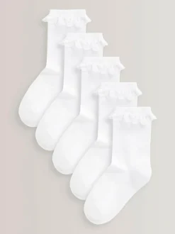 Next White 5 Pack Cotton Rich Cushioned Sole Ruffle Ankle School Socks Discount
